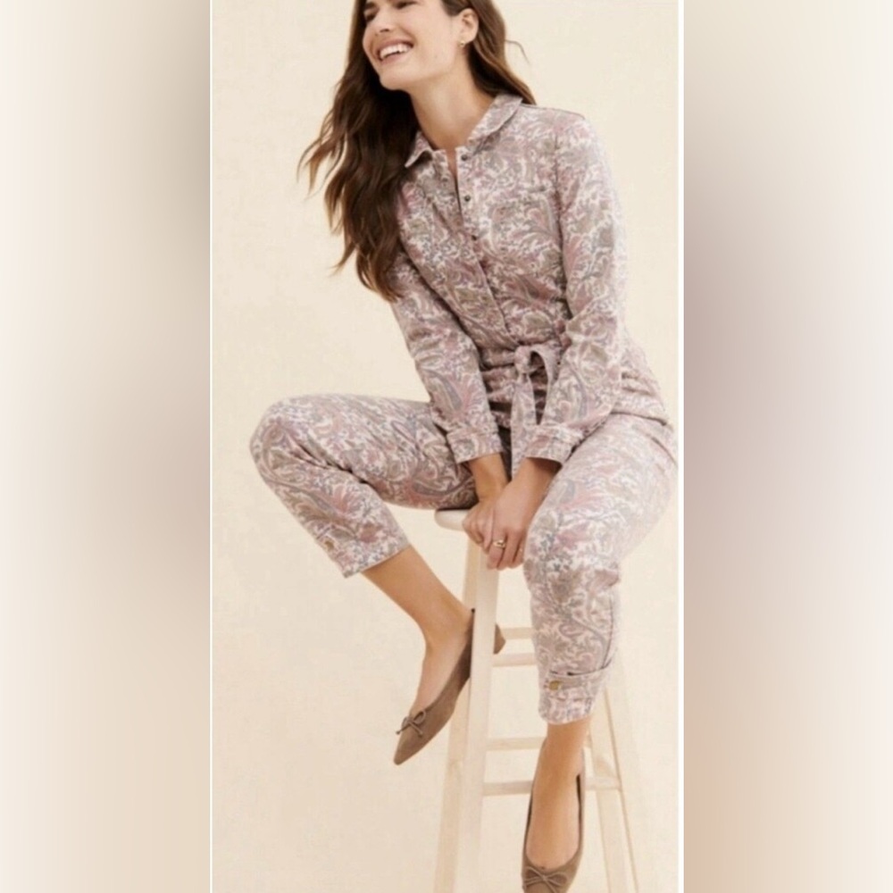 Anthropologie Long Sleeve Cotton Denim Rose Paisley Utility Jumpsuit Medium P